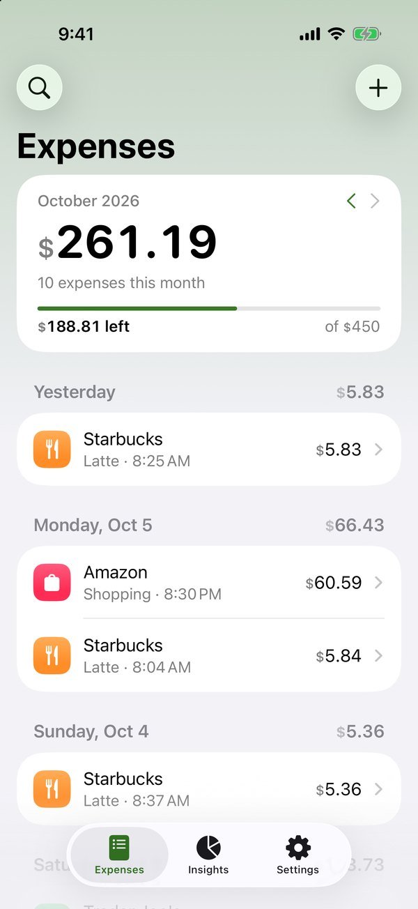Expenbot Expenses screen with the monthly total, budget bar, and the + button in the top right